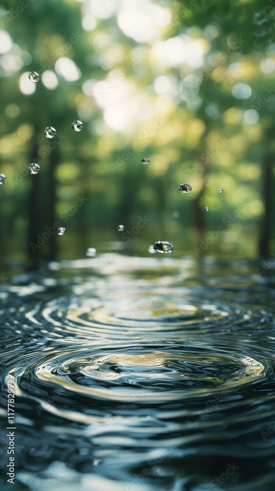 Rippling water drops create tranquil zen atmosphere in serene nature setting close-up view calming concept