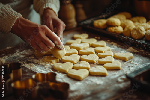 Shaping heart-shaped cookies with love on a floured kitchen counter photo