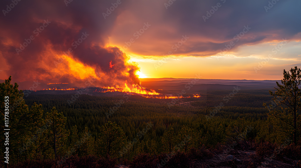 A wildfire consuming a dense pine forest, with bright orange flames and thick black smoke rising into the sky, during a dramatic sunset A wildfire consuming a dense pine forest, with bright orange flames and thick black smoke rising into the sky, during a dramatic sunset