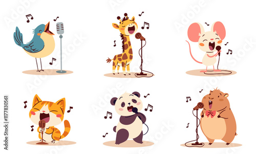 Cute singing animals. Bird kitten hamster panda giraffe mouse singers sing into the microphone. Set of flat vector illustrations in simple children's style, white background . Vector illustration