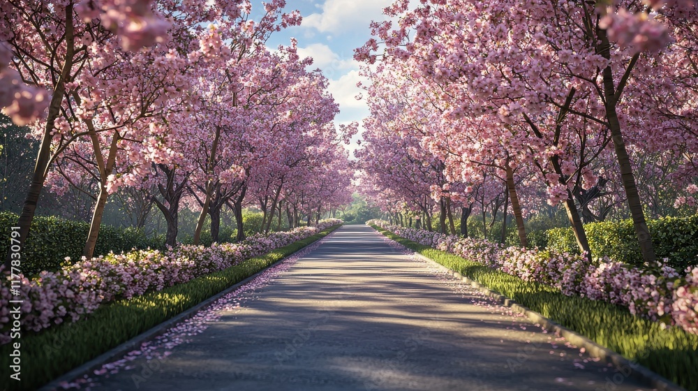 Peaceful cherry blossom path in tranquil garden setting nature serene landscape wide angle view
