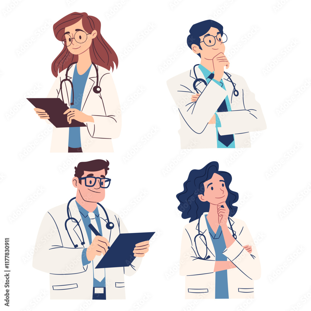 Set of flat vector illustrations on medical theme. Male and female doctors in pensive poses and with a notebook. Vector illustration Set of flat vector illustrations on medical theme. Male and female doctors in pensive poses and with a notebook. Vector illustration