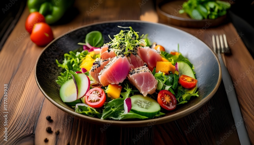 Finely served tuna salad with greens and veggies Finely served tuna salad with greens and veggies