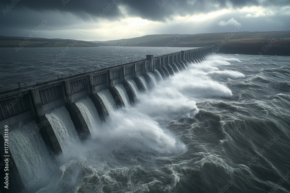A dramatic wide-angle view of a hydroelectric dam under turbulent conditions, with powerful water flows cascading down the structure. A dramatic wide-angle view of a hydroelectric dam under turbulent conditions, with powerful water flows cascading down the structure.