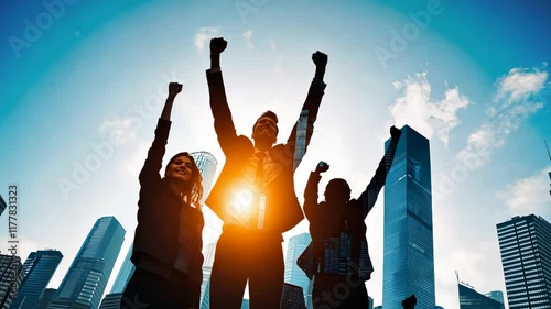 Silhouetted Team Celebrating Triumph Against a Backdrop of Urban Towers and Clear Skies photo