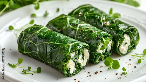 Swiss chard wraps filled with goat cheese and herbs, isolated on a clean white plate with microgreens
