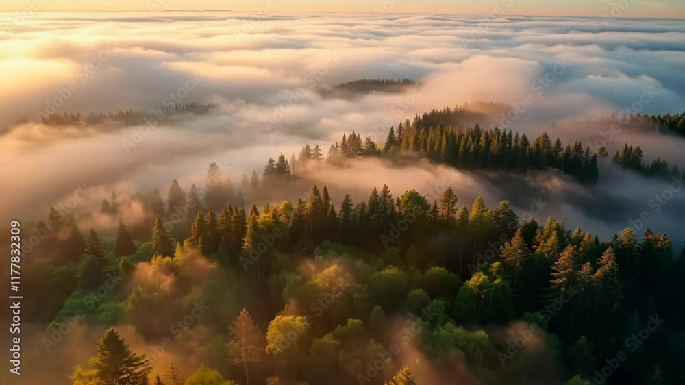 Lush forest emerges from morning fog during sunrise in a tranquil landscape