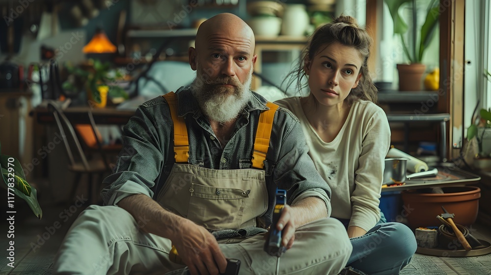 Fototapeta premium Middle-Aged Couple Relaxing in Cozy Workshop