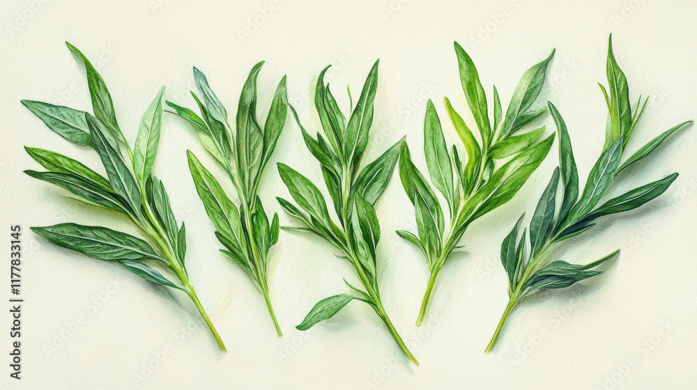 Fototapeta premium A stunning flat-lay of tarragon leaves highlighted by a delicate watercolor design.