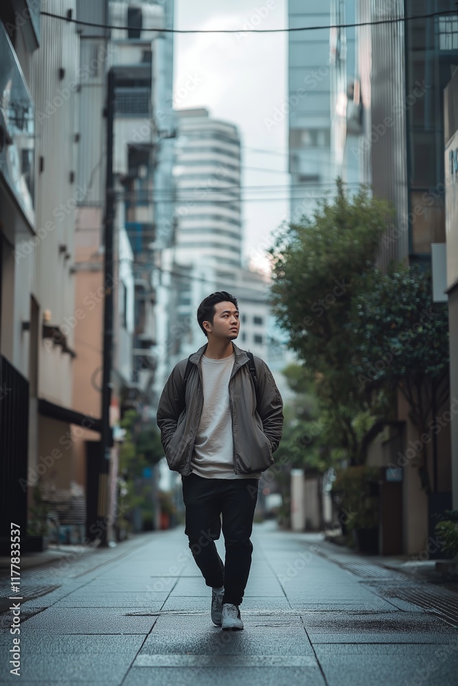 A young man confidently strolling through a serene urban alleyway lined with buildings. A young man confidently strolling through a serene urban alleyway lined with buildings.
