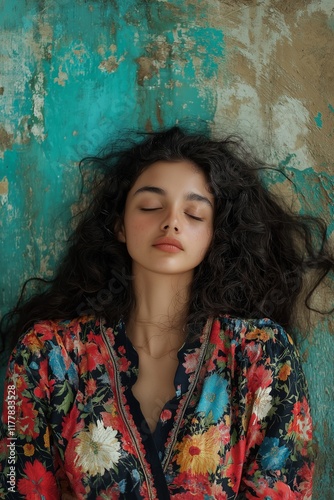 A serene portrait showcasing a woman with curly hair against a textured floral backdrop.