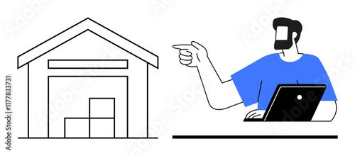 Warehouse with boxes and a businessman working on a laptop and pointing. Ideal for logistics, inventory management, supply chain, e-commerce, business operations, warehouse technology, and modern