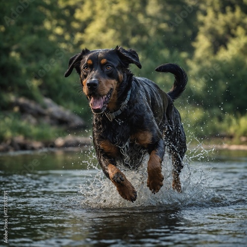 A dynamic and actionfilled depiction of Duke dog with natrual background photo