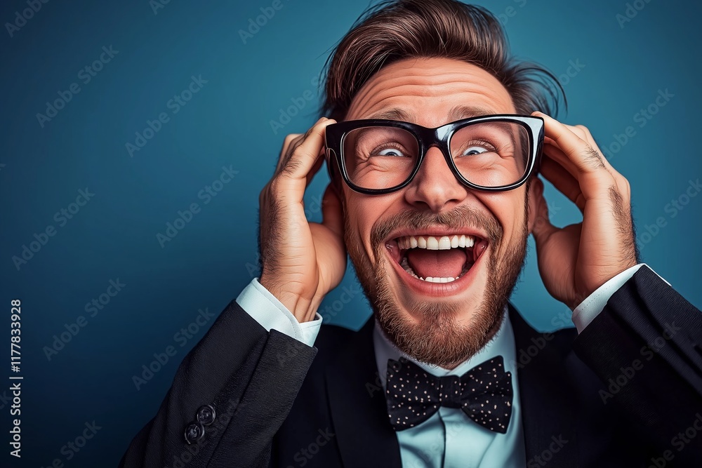 A man expressing exuberance with glasses and suit, radiating joy and liveliness in a modern setting. A man expressing exuberance with glasses and suit, radiating joy and liveliness in a modern setting.