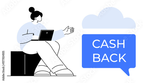 Woman interacting with laptop, gesturing towards cloud and CASH BACK speech bubble. Ideal for e-commerce, savings, rewards programs, financial apps, customer incentives, online shopping, digital