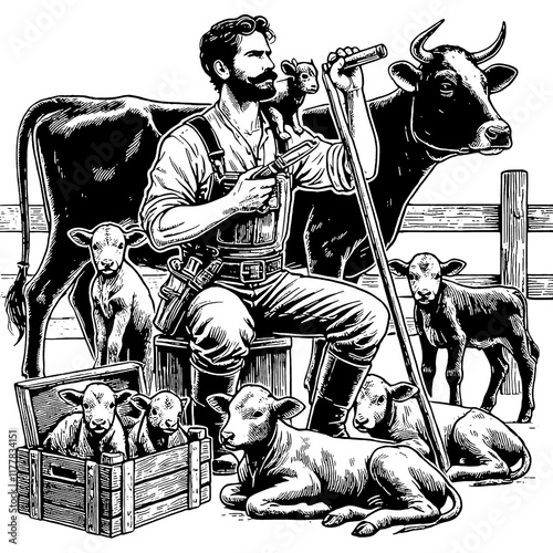 Animal husbandry worker vector black and white