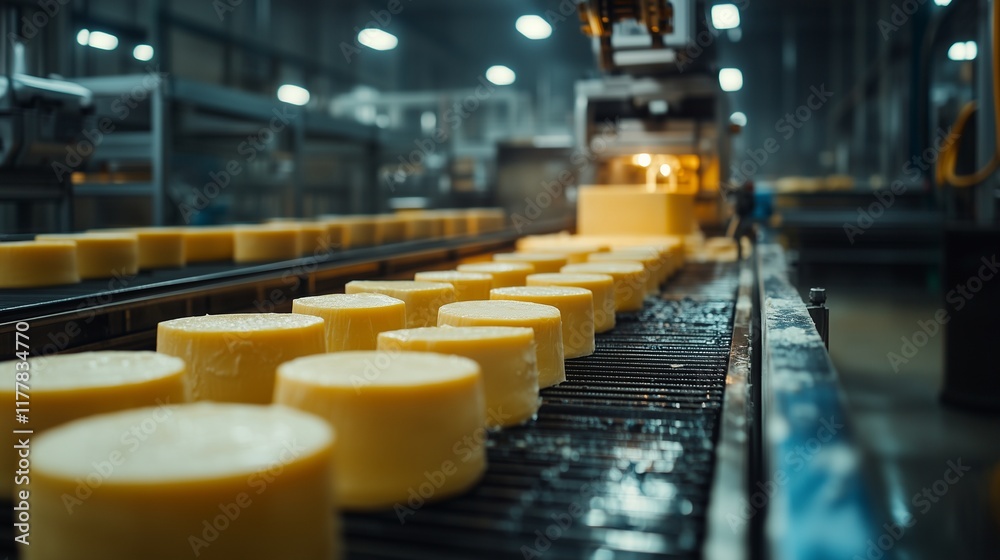 Fototapeta premium Advanced Machinery in a Cheese Processing Plant, Industrial Food Production