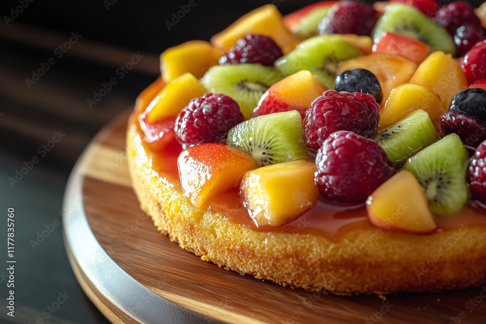 Delicious homemade birthday cake topped with fresh fruits for a special celebration in cozy kitchen setting Delicious homemade birthday cake topped with fresh fruits for a special celebration in cozy kitchen setting