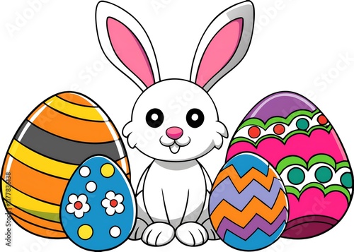 A cartoon rabbit is sitting in front of a bunch of Easter eggs photo