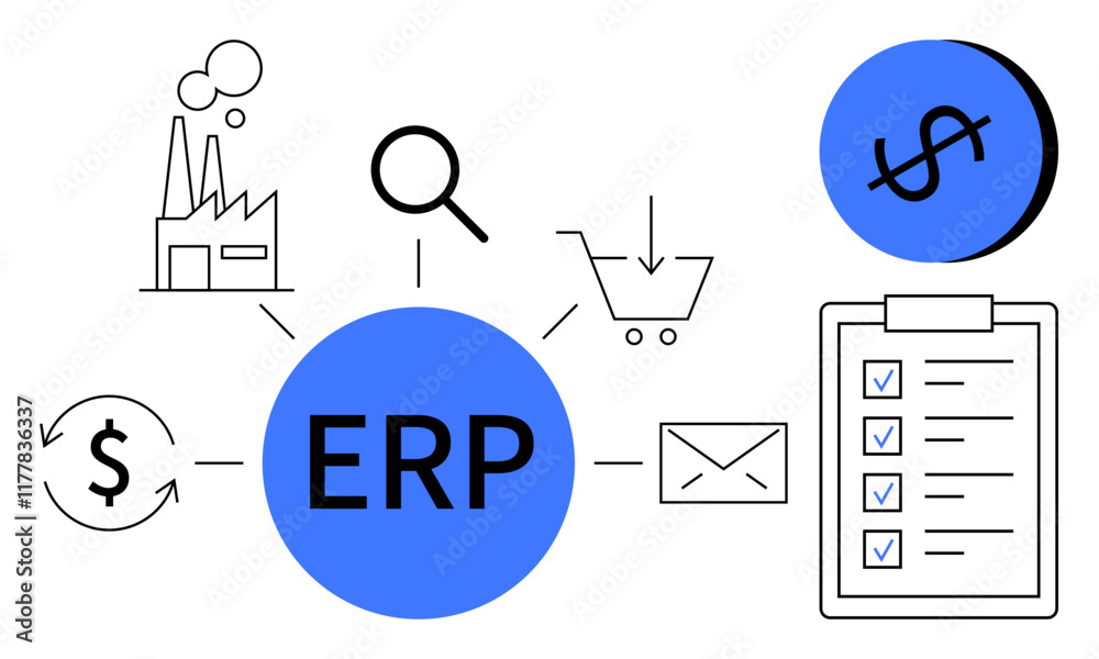 Central blue ERP circle with factory, search, cart, dollar, circular arrows, envelope, and checklist icons around it. Ideal for business integration, management tools automation resource planning Central blue ERP circle with factory, search, cart, dollar, circular arrows, envelope, and checklist icons around it. Ideal for business integration, management tools automation resource planning