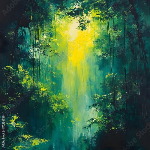 Vibrant Tropical Rainforest Landscape with Dappled Sunlight and Abstract Expressionist Painting Technique