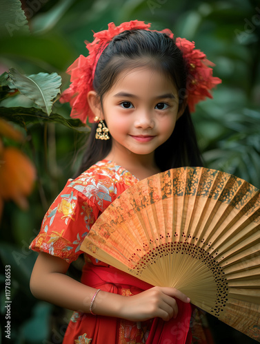 Young girl showcasing cultural heritage in traditional Filipino barot saya with a fan in a lush garden setting photo