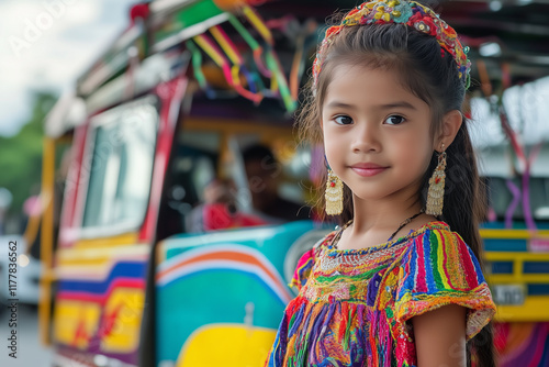 Young girl in vibrant traditional Filipino barot attire poses with colorful jeepney in lively street during daylight photo