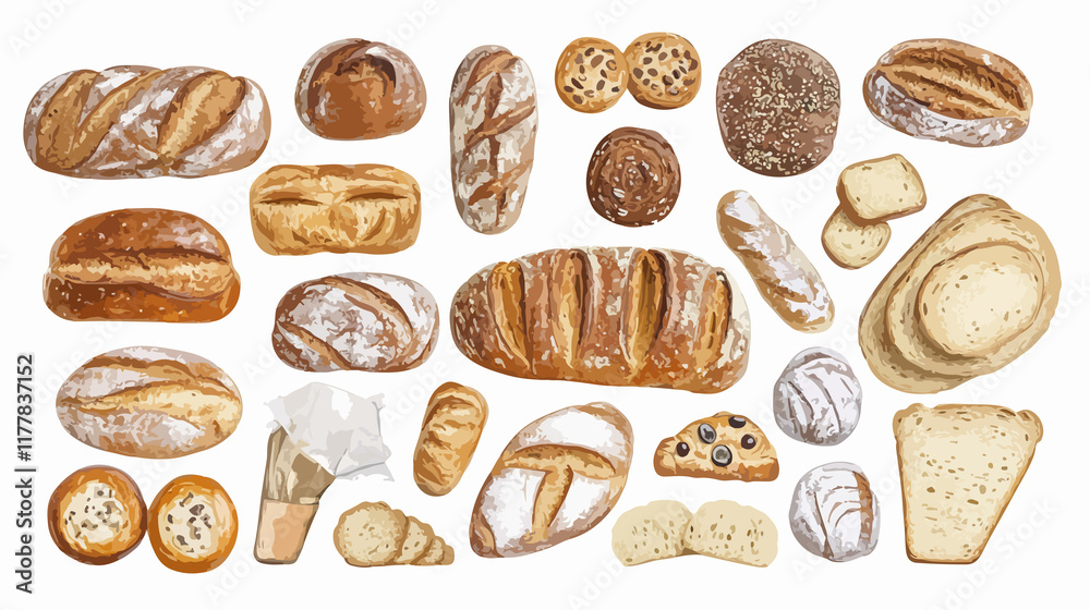 Hand-drawn bakery pastry products set for diverse bread options Hand-drawn bakery pastry products set for diverse bread options
