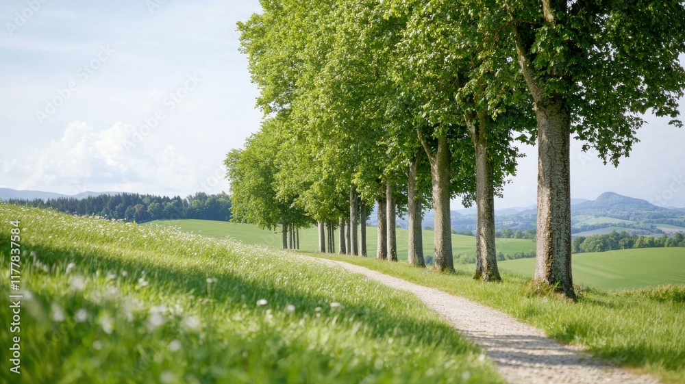 Obraz premium Natural transpiration concept in plants and the environment. Lush tree-lined path in a serene landscape.