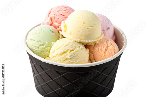 scoops of creamy multiple color vanilla ice cream in black paper full cup isolated on a clean white background. photo