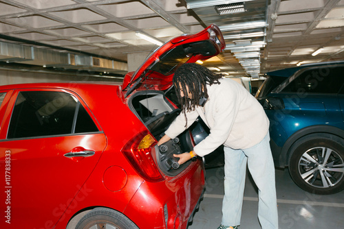 Man putting luggage in car trunk in indoor parking lot photo