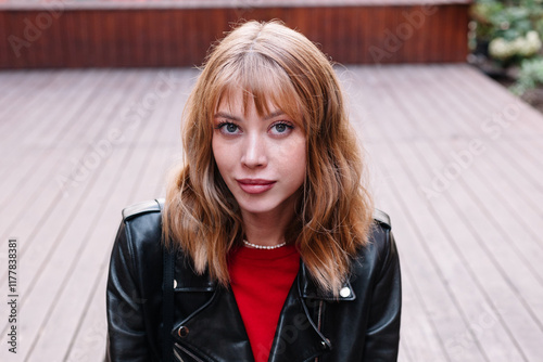 Young woman in stylish leather jacket poses confidently outdoor photo