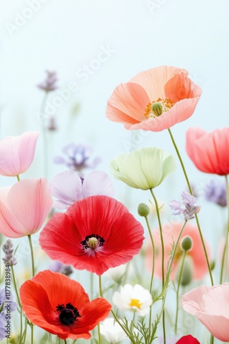 Whimsical spring meadow filled with pastel wildflowers under a dreamy morning haze in a tranquil landscape