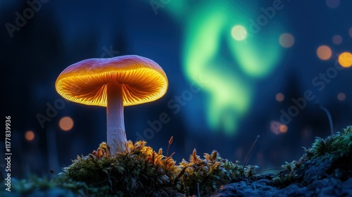 Serene Nighttime Scene of Coprinus Comatus Mushroom Under Aurora photo