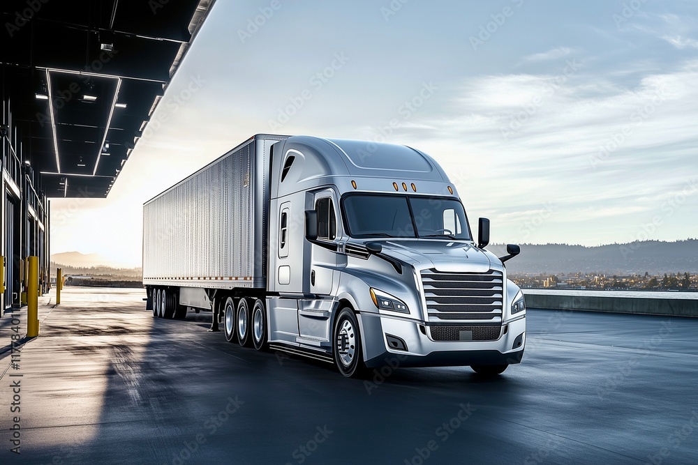 Fototapeta premium Outdoor Silver Truck at Loading Dock. A silver semi-truck parked at a loading dock, ideal for logistics, transportation, or automotive-related designs.
