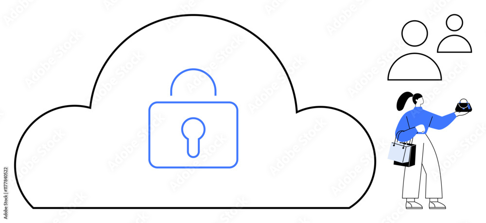 Lock icon inside cloud outline, woman interacting with a device, user icons representing connectivity. Ideal for cybersecurity, data protection, cloud storage, user management, security systems Lock icon inside cloud outline, woman interacting with a device, user icons representing connectivity. Ideal for cybersecurity, data protection, cloud storage, user management, security systems
