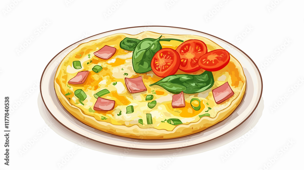 Delicious Simple Omelette Vector with Ham, Cheese, Onions, and Spinach for Recipes and Menus Delicious Simple Omelette Vector with Ham, Cheese, Onions, and Spinach for Recipes and Menus