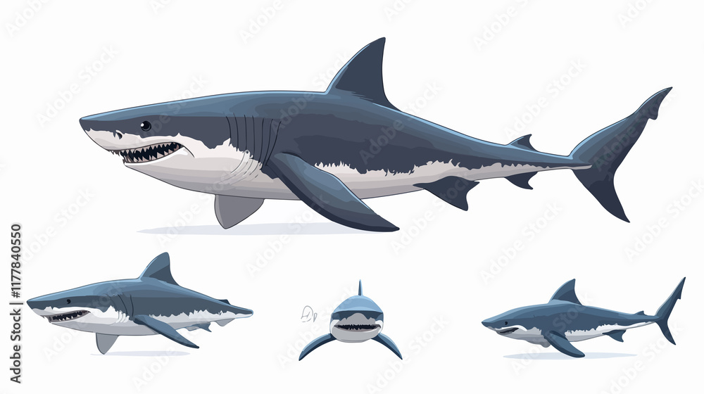 Obraz premium Cartoon shark in different poses illustration for wide-angle view