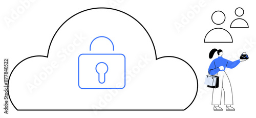 Lock icon inside cloud outline, woman interacting with a device, user icons representing connectivity. Ideal for cybersecurity, data protection, cloud storage, user management, security systems