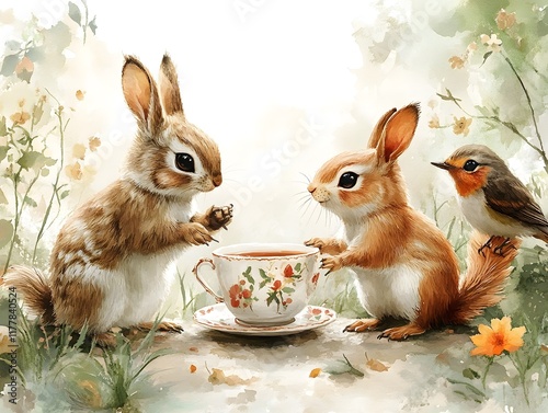 Charming Woodland Creature Tea Party in Whimsical Watercolor Digital Painting