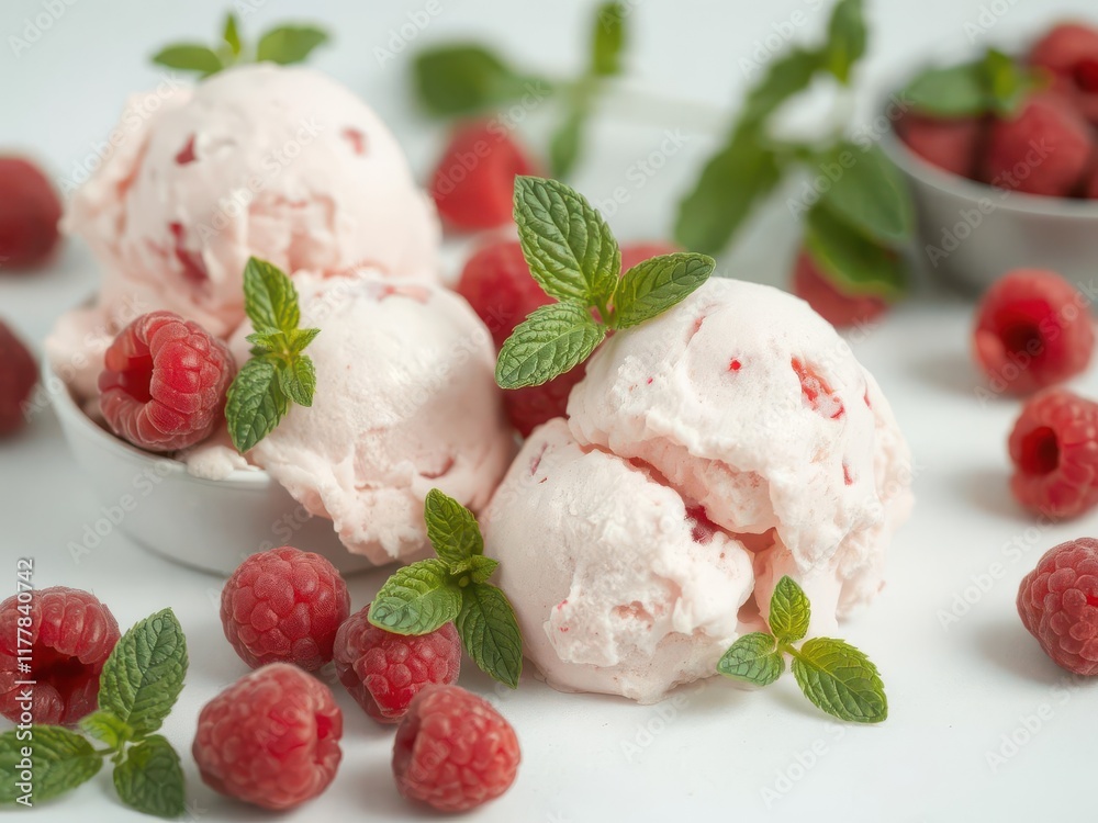 Scoops of raspberry ice cream, fresh raspberries & mint sprigs, raspberry ice cream, taste Scoops of raspberry ice cream, fresh raspberries & mint sprigs, raspberry ice cream, taste