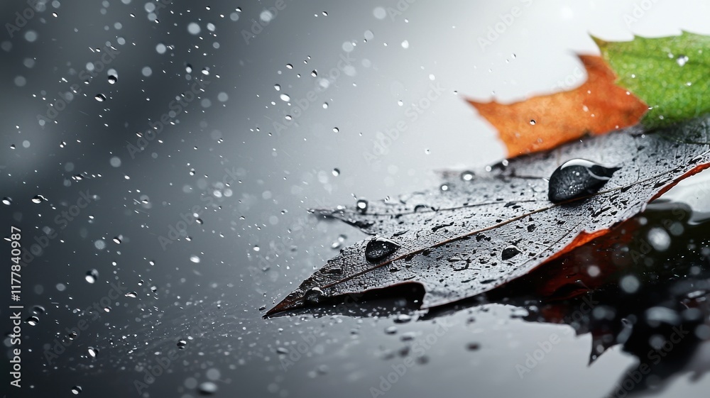 Fototapeta premium Natural transpiration concept in plants and the environment. Leaf with raindrops and colorful foliage on a reflective surface.