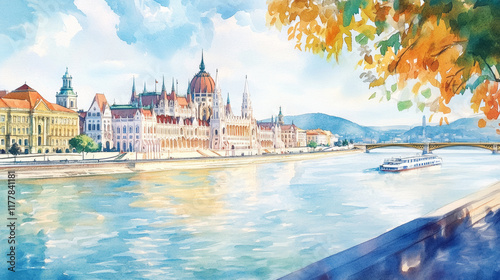 Tranquil watercolor representation of Danube's flow beside Budapest’s Parliament, evoking peace. photo