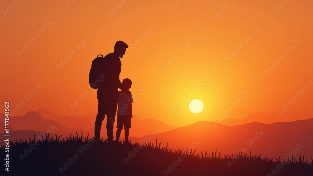 Fototapeta premium Father and son silhouette walking together in sunset, Father's Day holiday concept