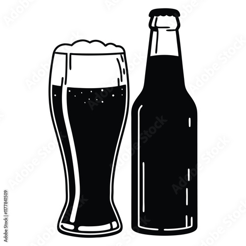 A black and white bold silhouette design illustration full beer bottle alongside a beer glass 