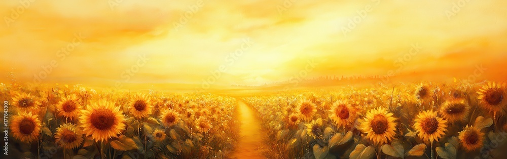 Fototapeta premium Golden sunrise over a vibrant sunflower field in the countryside captures nature's beauty and tranquility during early hours