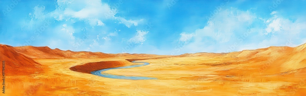 Fototapeta premium Calm river flowing through golden desert under a bright blue sky during midday in a vibrant watercolor landscape