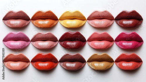 Collection of lipsticks in various shades arranged in a grid. photo