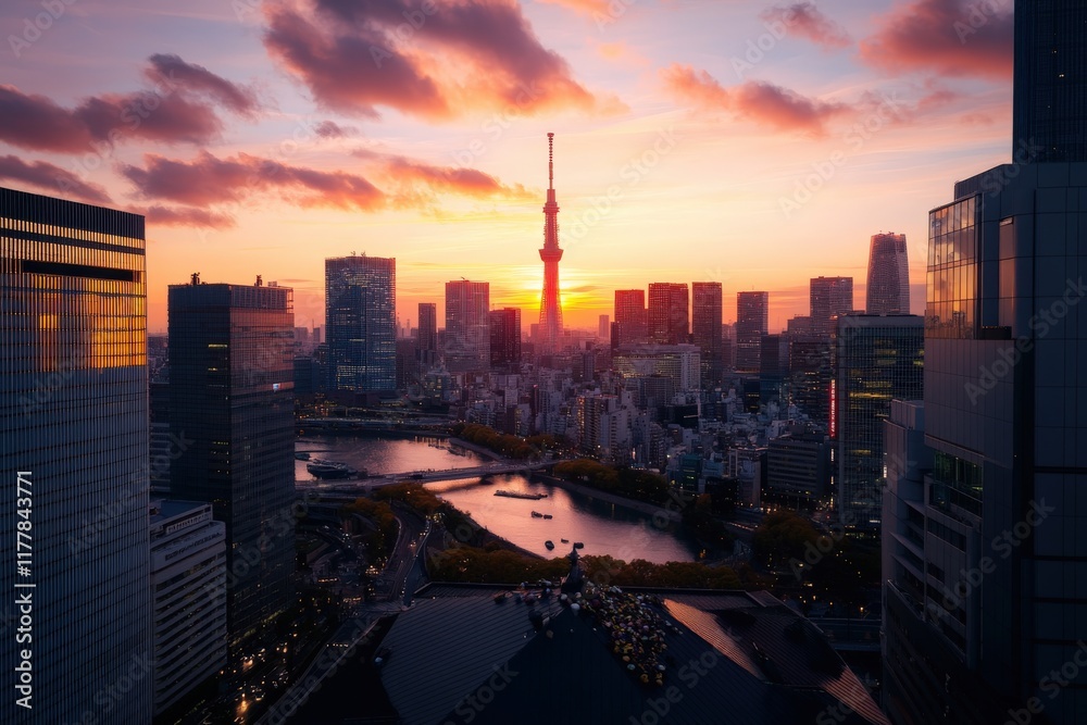 Fototapeta premium Tokyo skyline at sunset featuring skytree and river view