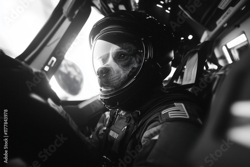 French bulldog astronaut piloting spacecraft wearing spacesuit and helmet photo